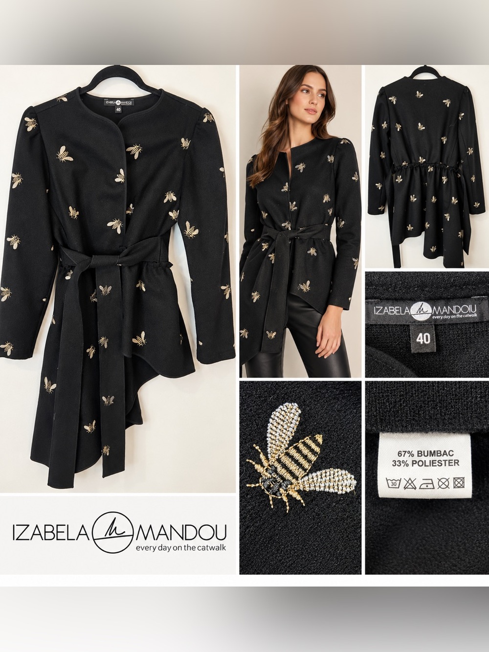 Izabela Mandou Black Gold Bee Embroidered Belted Jacket Size 40